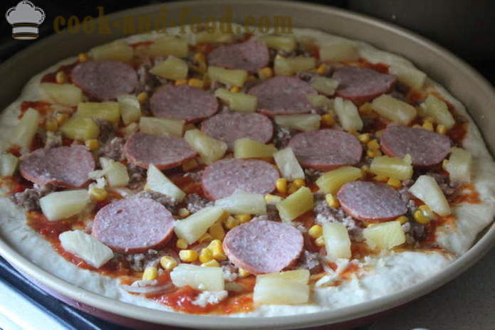 Pizza fermento com carne e queijo em casa - passo a passo receita photo-pizza com carne picada no forno