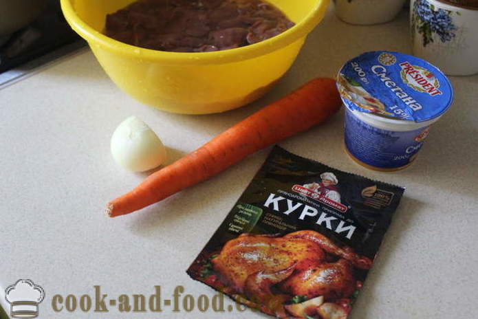 Fígado de frango assado no creme de leite, cenouras e cebolas - como cozinhar um delicioso fígado de frango no forno, com um passo a passo fotos de receitas