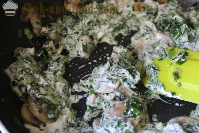 Borboletas de Farfalle em um molho cremoso com espinafre e cogumelos - como cozinhar farfalle em um molho cremoso, um passo a passo fotos de receitas