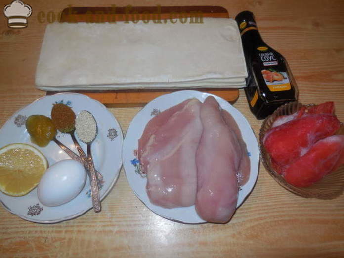 Frango em massa folhada no forno em espetos - como cozinhar um frango em espetos, um passo a passo fotos de receitas