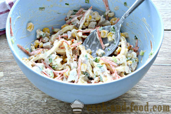 Salada com panquecas de ovo, frango e milho - Como preparar uma salada com panqueca ovo e milho, com um passo a passo fotos de receitas