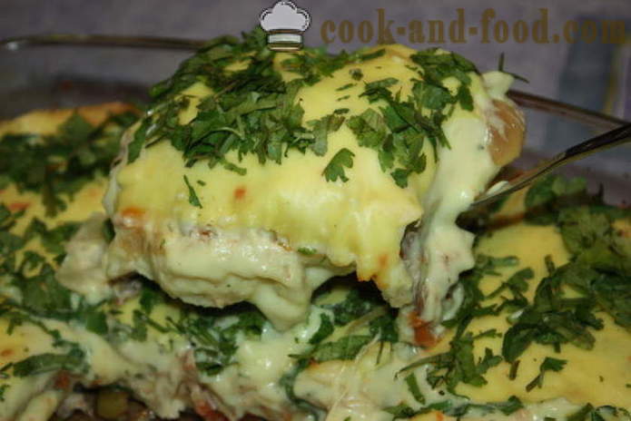 Lasagna com frango e molho de queijo e leite - como cozinhar lasanha em casa no forno, com um passo a passo fotos de receitas