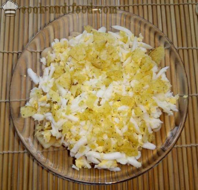 Salada simples e chips - como fazer uma salada em camadas com presunto, cogumelos e batatas fritas, um passo a passo fotos de receitas