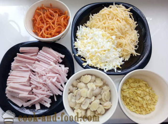 Salada simples e chips - como fazer uma salada em camadas com presunto, cogumelos e batatas fritas, um passo a passo fotos de receitas