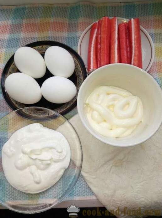 Pita com varas de caranguejo com ovo e maionese - Como fazer lavash rolo de caranguejo, um passo a passo fotos de receitas
