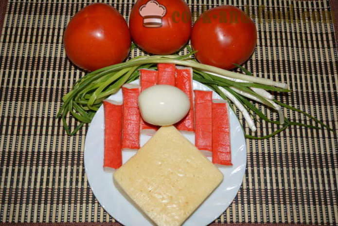 Salada com varas de caranguejo, tomates, queijo e ovos - como cozinhar uma deliciosa salada de caranguejo varas, um passo a passo fotos de receitas
