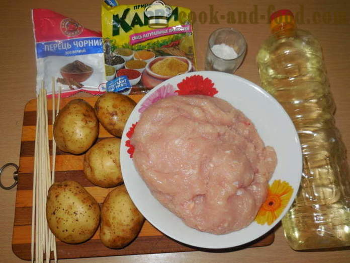 Batatas com carne picada assada no forno em espetos - como cozer batatas com carne picada no forno, com um passo a passo fotos de receitas
