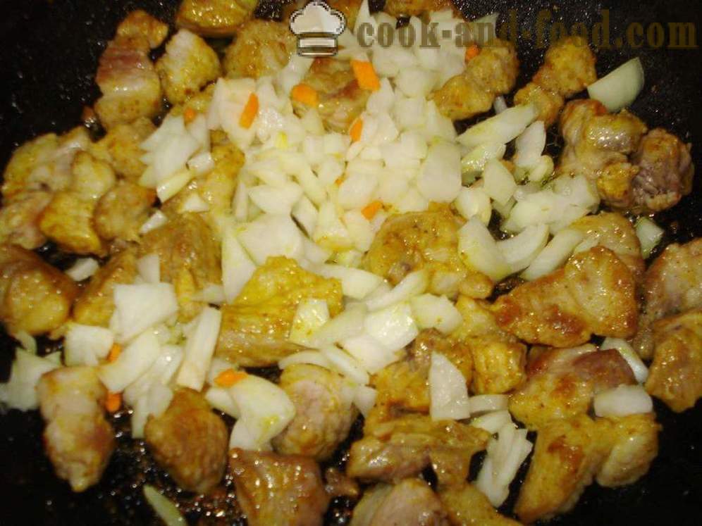 Pilaf em uma frigideira com carne de porco - como cozinhar risoto com carne de porco em uma frigideira, um passo a passo fotos de receitas