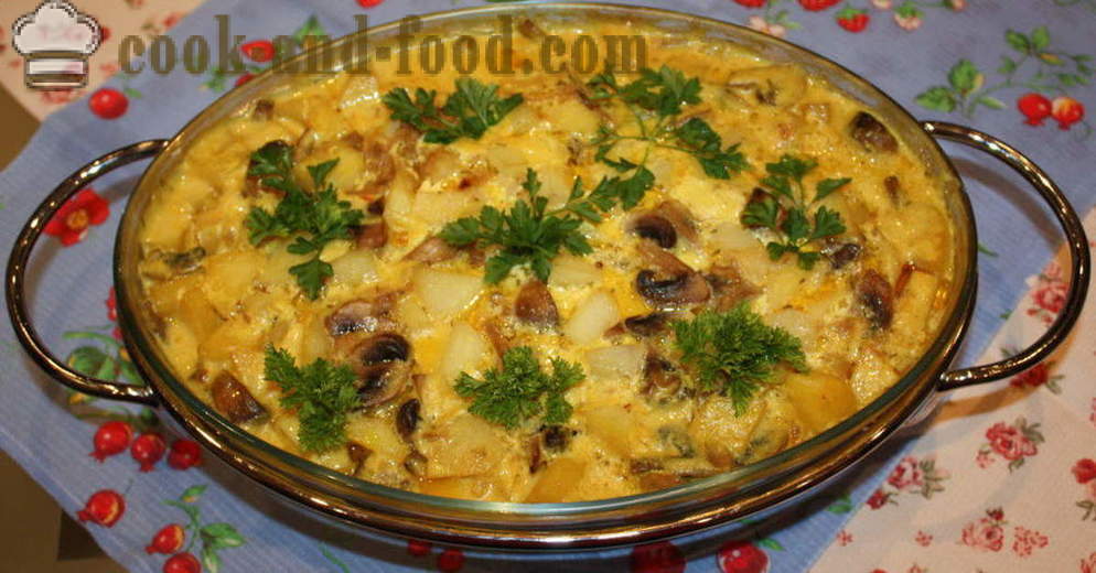 Batatas cozidas com cogumelos em molho de creme - como cozinhar batatas com cogumelos no forno, com um passo a passo fotos de receitas