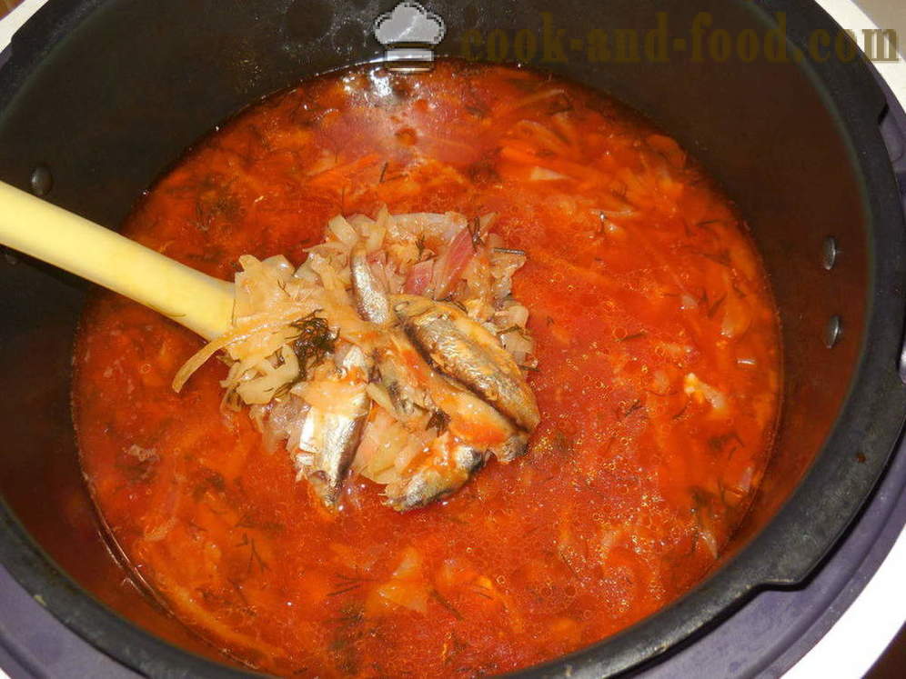 Sopa vegetal com sardinhas em molho de tomate em multivarka - como cozinhar sopa de legumes com anchovas, um passo a passo fotos de receitas