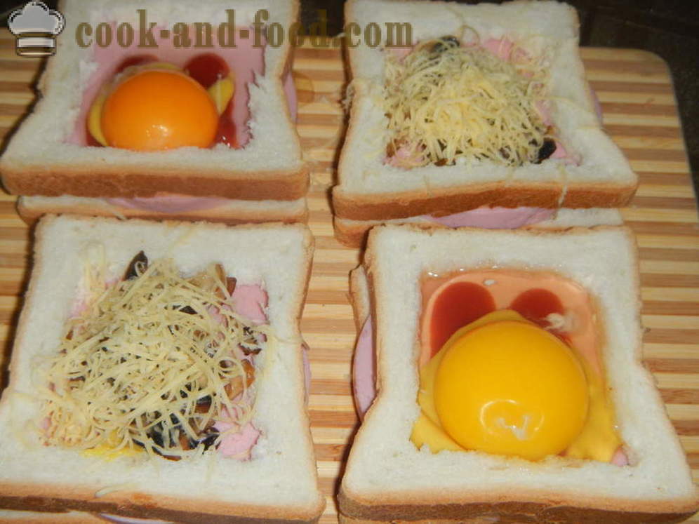 Sanduíches quentes com ovo no forno - como fazer um sanduíche quente com ovo, salsicha e cogumelos, um passo a passo fotos de receitas
