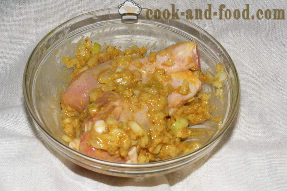 Frango em molho de mostarda no forno - como cozinhar um frango no forno com batatas e abóbora, com um passo a passo fotos de receitas