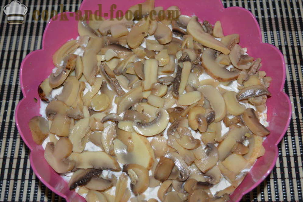 Salada em camadas com frango e cogumelos - como cozinhar salada de frango em camadas com cogumelos, um passo a passo fotos de receitas