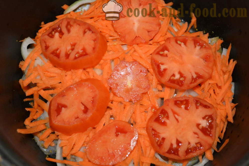 Pollock, cozido com cebolas, cenouras e tomates em maionese - passo a passo como cozinhar juliana cozido com legumes em multivarka, a receita com uma foto