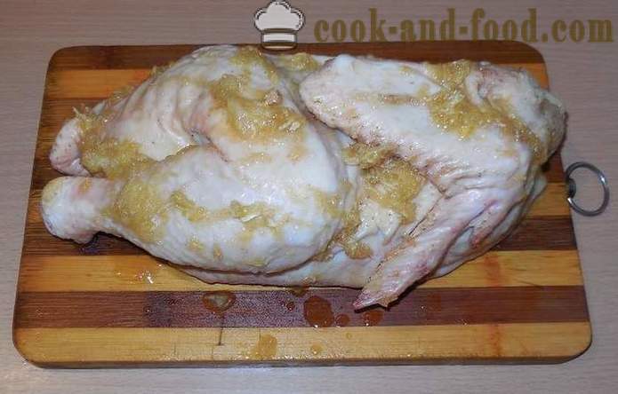 Frango assado na manga (meia carcaça) - como um saboroso frango assado no forno, o cozido gradual receita de frango, com fotos