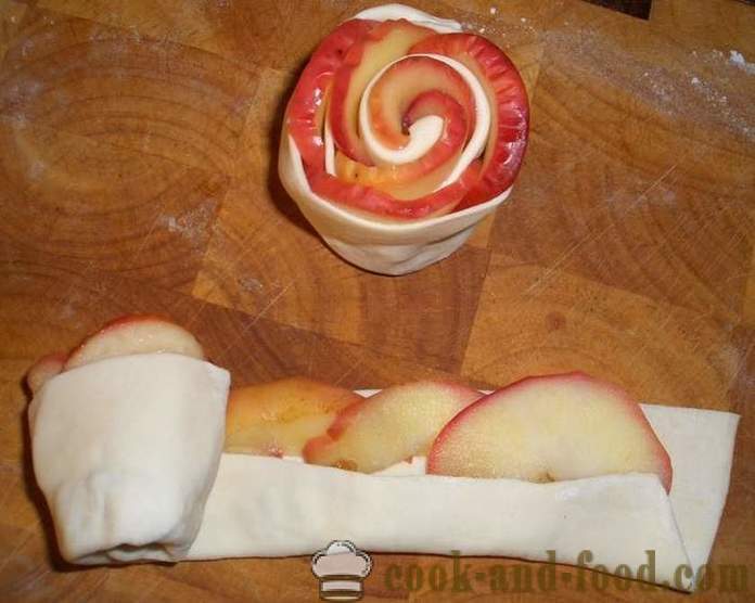 Rose bolo de massa folhada e maçãs sob a neve de açúcar em pó - a receita no forno, com fotos
