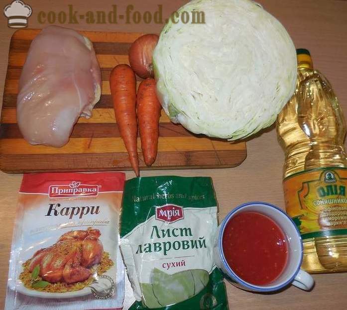 Repolho refogado com frango, legumes e curry - Como cozinhar o repolho cozido com carne de frango - um passo a passo fotos de receitas