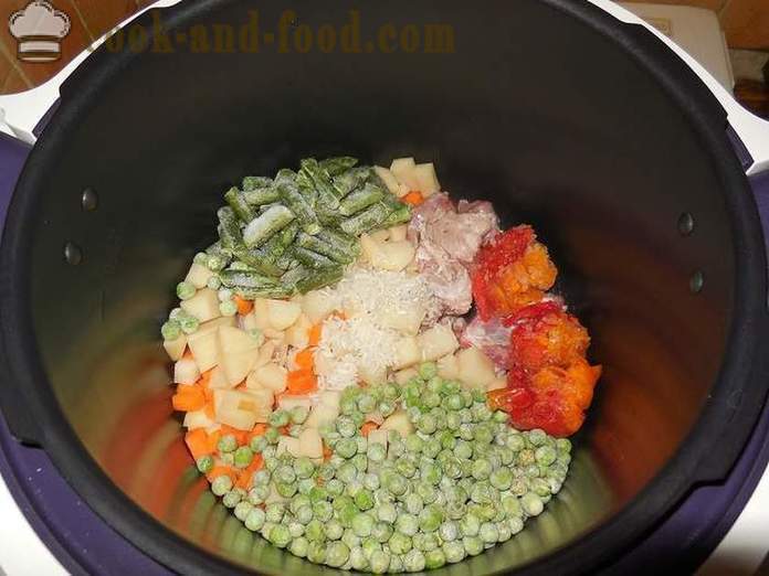 Sopa de legumes deliciosa com carne em multivarka - um passo a receita passo com fotos como cozinhar sopa de legumes com ervilhas congeladas e feijão verde