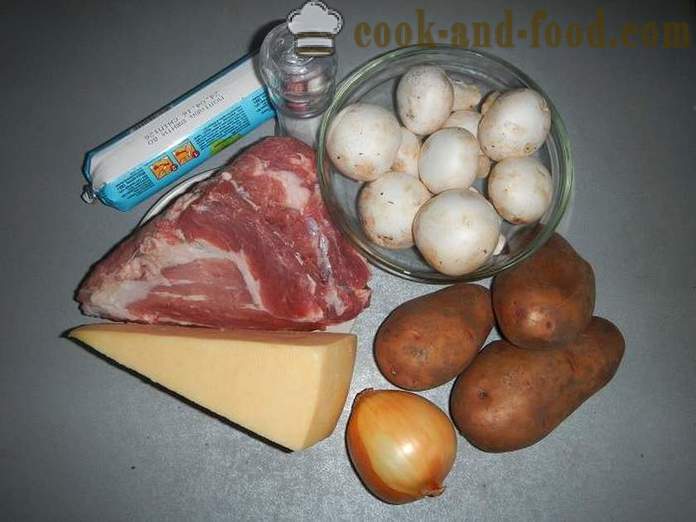 Batatas em francês no forno - uma foto-receita como cozinhar batatas em francês com carne de porco e cogumelos