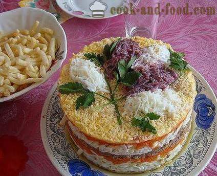 Mimosa salada - baseado em turnos receita clássica com queijo, manteiga, comida e batatas enlatada (foto, vídeo)